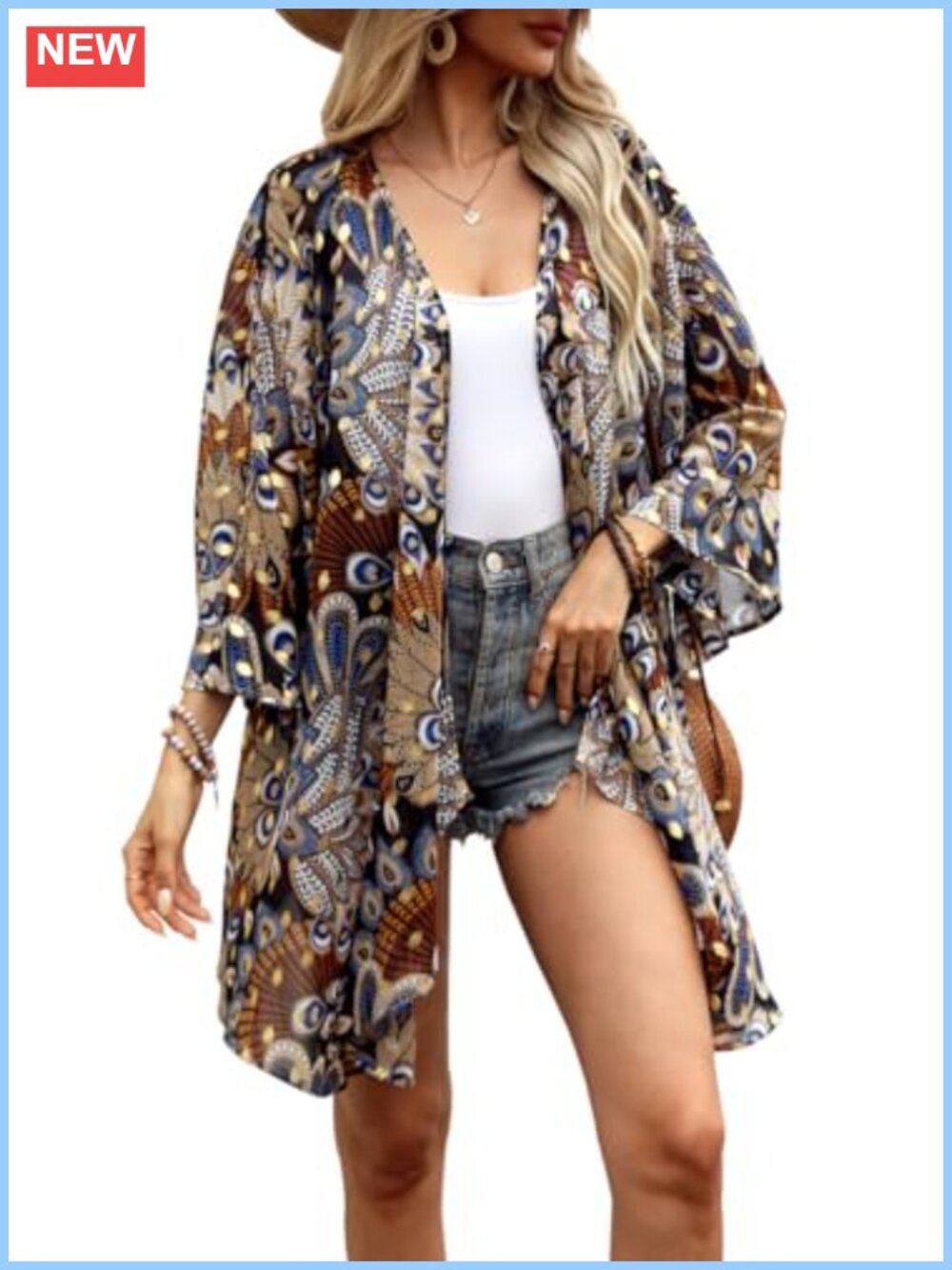 Women Floral Print Bell Sleeve Chiffon Kimono Cardigan Open Front Beach Cover Up